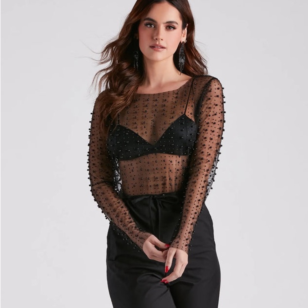 Windsor Beautifully Beaded Mesh Crop Top - Black Size L